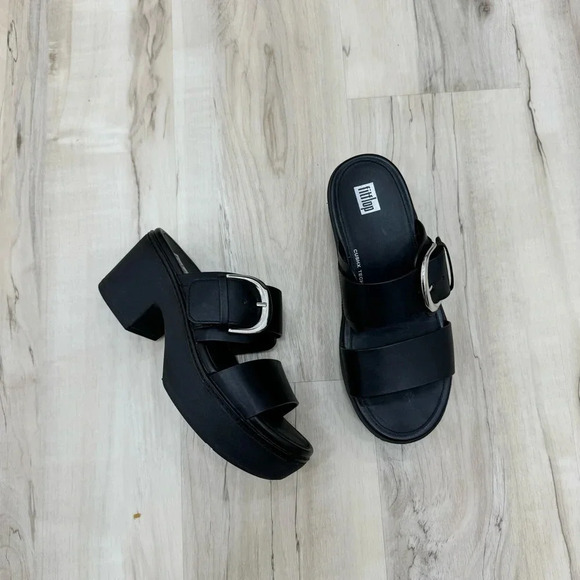 FitFlop Pilar Leather Slide Platforms great condition US Sz 7 big buckle black - Picture 2 of 6